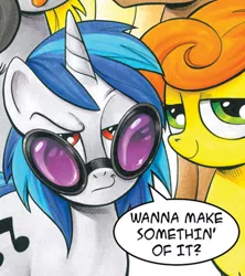 Size: 694x783 | Tagged: artist:andypriceart, carrot top, derpibooru import, dreamworks face, golden harvest, idw, justice league, justice league international, parody, reference, safe, vinyl scratch, when she speaks