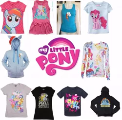 Size: 600x593 | Tagged: applejack, clothes, dashface, derpibooru import, fluttershy, g1, hoodie, mane six, merchandise, my little pony logo, pinkie pie, princess celestia, rainbow dash, rarity, safe, shirt, spike, stock vector, target demographic, top, twilight sparkle