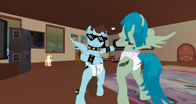 Size: 1280x679 | Tagged: bracelet, collar, dancing, derpibooru import, diaper, diaper fetish, glasses, oc, oc:dreamsicle, oc:meep, questionable, second life, smiling, spiked collar, sunglasses, unofficial characters only