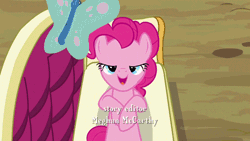 Size: 500x281 | Tagged: safe, derpibooru import, screencap, pinkie pie, butterfly, earth pony, pony, too many pinkie pies, animated, couch, cute, diapinkes, female, looking up, mare, overhead view, solo