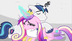 Size: 500x281 | Tagged: animated, crystal empire, derpibooru import, glowing horn, horn, horn crystals, hub logo, magic suppression, messy mane, princess cadance, safe, screencap, shining armor, spoiler:s03, the crystal empire, tired