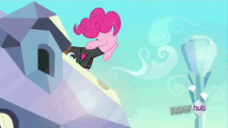 Size: 500x281 | Tagged: safe, derpibooru import, screencap, pinkie pie, the crystal empire, spoiler:s03, animated, crystal empire, goggles, hub logo, solo