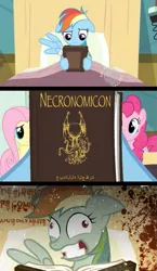 Size: 581x1000 | Tagged: book, comic, derpibooru import, fluttershy, lovecraft, necromancy, necronomicon, pinkie pie, rainbow dash, reading, semi-grimdark