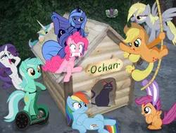 Size: 400x300 | Tagged: safe, derpibooru import, applejack, derpy hooves, lyra heartstrings, pinkie pie, princess celestia, princess luna, rainbow dash, rarity, scootaloo, twilight sparkle, pegasus, pony, 0chan, female, kennel, mare