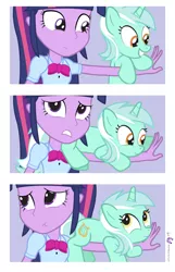 Size: 900x1400 | Tagged: safe, artist:dm29, derpibooru import, lyra heartstrings, twilight sparkle, pony, equestria girls, comic, duo, hand, hand fetish, holding a pony, human on pony action, humanized human on pony action, scrunchy face, square crossover, that pony sure does love hands, twyra