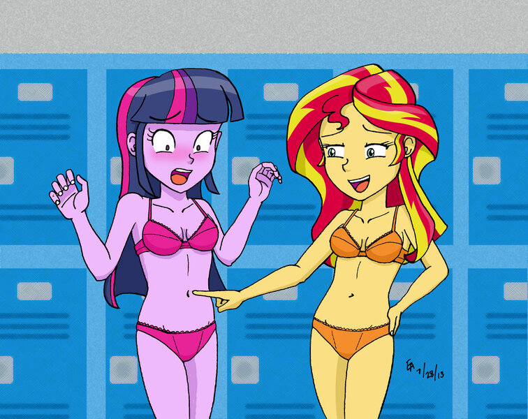 Size: 1024x813 | Tagged: suggestive, artist:mayorlight, derpibooru import, sunset shimmer, twilight sparkle, equestria girls, belly button, blushing, bra, breasts, clothes, frilly underwear, locker room, panties, underwear