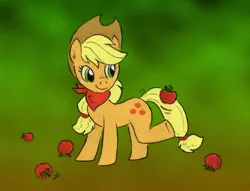 Size: 815x622 | Tagged: safe, artist:swiftcutter, derpibooru import, applejack, anatomically incorrect, apple, bandana, incorrect leg anatomy, neckerchief, solo