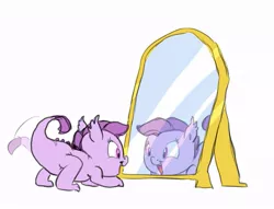 Size: 889x680 | Tagged: artist:carnifex, cute, derpibooru import, dracony, hybrid, interspecies offspring, lavandorable, mirror, oc, oc:lavender, offspring, open mouth, parent:rarity, parent:spike, parents:sparity, reflection, safe, simple background, smiling, solo, tail wag, unofficial characters only, white background