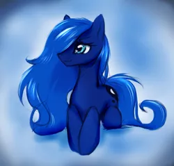 Size: 448x428 | Tagged: source needed, safe, artist:fajeh, derpibooru import, princess luna, earth pony, pony, cute, female, lunabetes, lying, lying down, mare, missing horn, prone, race swap, smiling, solo, wingless