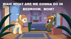 Size: 842x467 | Tagged: suggestive, derpibooru import, button mash, oc, oc:cream heart, earth pony, pony, button's adventures, bed, bedroom, buttoncest, colt, female, image macro, implied foalcon, implied incest, male, mare, pillow, pomf, what are we gonna do on the bed?