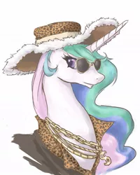 Size: 865x1080 | Tagged: artist needed, source needed, safe, derpibooru import, princess celestia, hat, necklace, pimp, pimplestia, solo