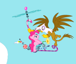 Size: 572x480 | Tagged: safe, derpibooru import, screencap, gilda, pinkie pie, gryphon, griffon the brush off, animated, flying contraption, helicopter, pedalcopter, pinkiecopter