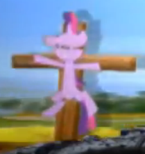 Size: 209x222 | Tagged: crucifixion, derpibooru import, grimdark, religion, twilight sparkle, why sid why, youtube link, youtube poop