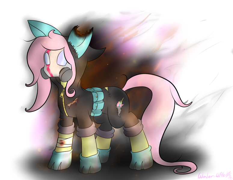 Size: 6200x4800 | Tagged: safe, artist:wonder-waffle, derpibooru import, fluttershy, pegasus, pony, absurd resolution, bandage, blood, bruised, bunny ears, clothes, dangerous mission outfit, female, flutterbadass, gas mask, hoodie, mare, solo, torn clothes