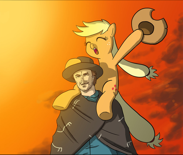 Size: 1024x868 | Tagged: safe, artist:doublewbrothers, derpibooru import, applejack, earth pony, human, pony, clint eastwood, cropped, cute, jackabetes, piggyback ride, ponies riding humans, riding, the man with no name