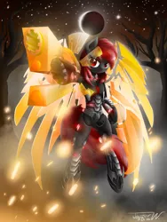 Size: 1536x2048 | Tagged: safe, artist:jasper77wang, derpibooru import, oc, unofficial characters only, pony, armor, artificial wings, augmented, badass, bipedal, crescent moon, crossover, magic, magic wings, mass effect, moon, omni-tool, solo, wings