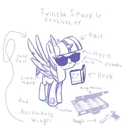 Size: 1537x1560 | Tagged: safe, artist:da-futaba, derpibooru import, edit, twilight sparkle, twilight sparkle (alicorn), alicorn, pony, book, cute, desert eagle, diagram, female, gun, mare, money, sketch, solo