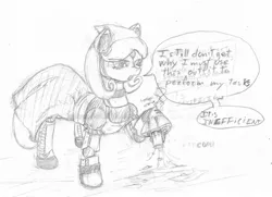 Size: 2085x1511 | Tagged: safe, artist:b-i-r, derpibooru import, oc, unofficial characters only, android, pony, robot, robot pony, clothes, dialogue, irritated, maid, monochrome, n40 mare, sketch, solo, traditional art, vacuum cleaner, wip, ya es hora