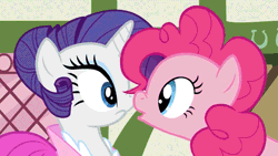 Size: 669x377 | Tagged: safe, derpibooru import, screencap, pinkie pie, rarity, earth pony, pony, unicorn, too many pinkie pies, alternate hairstyle, animated, boop, cartoon physics, clothes, dress, duo, eye bulging, female, mare, noseboop