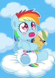 Size: 883x1248 | Tagged: safe, artist:artiecanvas, derpibooru import, daring do, rainbow dash, pegasus, pony, baby, baby dash, baby pony, blushing, cloud, cloudy, cutie mark diapers, diaper, female, filly, foal, pacifier, plushie, poofy diaper, sky, solo