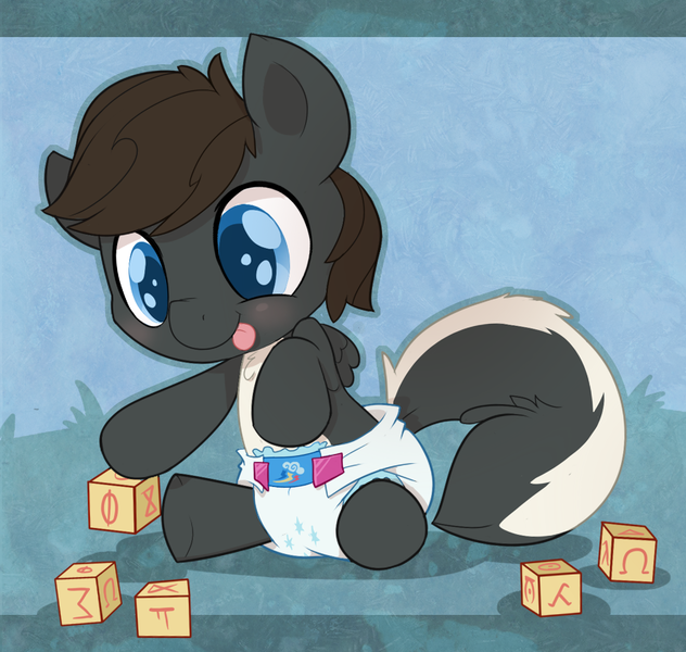 Size: 982x932 | Tagged: safe, artist:cuddlehooves, derpibooru import, oc, oc:jimpy, oc:thought blossom, unofficial characters only, original species, pegasus, pony, skunk, skunk pony, baby, baby pony, cutie mark diapers, diaper, foal, pegaskunk, poofy diaper, solo