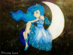 Size: 1300x975 | Tagged: artist:sikiu, clothes, crescent moon, derpibooru import, dress, humanized, moon, princess luna, safe, solo, tangible heavenly object, traditional art, transparent moon