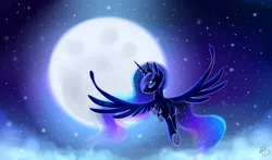 Size: 1842x1084 | Tagged: safe, artist:ghst-qn, derpibooru import, princess luna, alicorn, pony, backlighting, female, flying, jewelry, looking at you, looking back, mare, moon, night, night sky, regalia, signature, sky, smiling, solo, spread wings, stars, wings