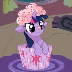 Size: 512x512 | Tagged: dead source, safe, artist:miikanism, artist:sirvown, derpibooru import, twilight sparkle, pony, unicorn, animated, blinking, cupcake, cute, female, floppy ears, food, frosting, hnnng, mare, ponies in food, silly, smiling, solo, twiabetes, twilight sprinkle