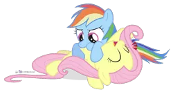 Size: 1000x530 | Tagged: safe, artist:dm29, derpibooru import, fluttershy, rainbow dash, cute, duo, female, filly, filly fluttershy, filly rainbow dash, image, julian yeo is trying to murder us, on back, png, raspberry, shyabetes, simple background, tickling, transparent background, tummy buzz, younger