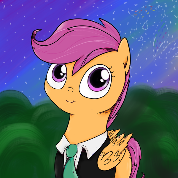 Size: 800x800 | Tagged: artist:chiweee, clothes, derpibooru import, safe, scootaloo, solo, suit, suitaloo