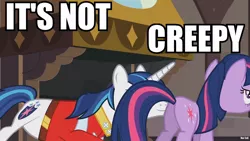 Size: 960x540 | Tagged: safe, derpibooru import, edit, edited screencap, screencap, shining armor, twilight sparkle, pony, unicorn, friendship is witchcraft, butt, caption, clothes, female, image macro, male, mare, not creepy, out of context, plot, stallion