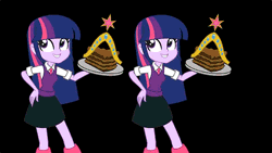 Size: 576x324 | Tagged: safe, artist:khuzang, derpibooru import, sunset shimmer, twilight sparkle, human, equestria girls, animated, big crown thingy, cake, do you want this cake, element of magic, harry partridge, parody