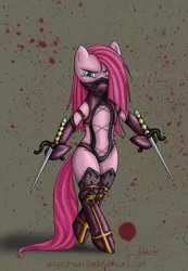 Size: 1952x2825 | Tagged: suggestive, artist:winged-warrior, derpibooru import, pinkie pie, pony, bipedal, mileena, mortal kombat, paint tool sai, pinkamena diane pie, solo