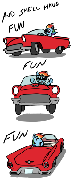 Size: 1200x3000 | Tagged: safe, artist:mindofnoodles, derpibooru import, rainbow dash, pegasus, pony, car, convertible, driving, female, ford, ford thunderbird, fun fun fun, mare, solo, song reference, the beach boys