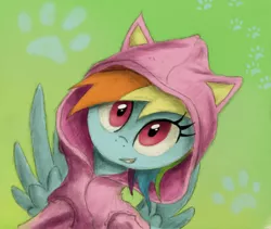 Size: 800x676 | Tagged: safe, artist:hewison, derpibooru import, rainbow dash, pegasus, pony, cat ears, cat hoodie, clothes, cute, dashabetes, female, green background, hoodie, mare, paw prints, simple background, smiling, solo