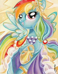 Size: 1180x1504 | Tagged: artist:sararichard, awesome, clothes, derpibooru import, dress, gala dress, idw, rainbow dash, rainbow dash always dresses in style, safe, solo, traditional art