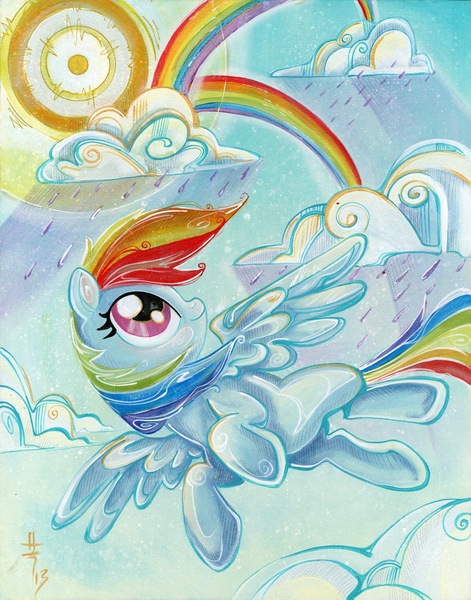 Size: 1180x1504 | Tagged: artist:sararichard, cloud, cloudy, derpibooru import, flying, idw, rain, rainbow dash, safe, solo, traditional art