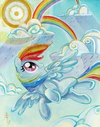 Size: 1180x1504 | Tagged: artist:sararichard, cloud, cloudy, derpibooru import, flying, idw, rain, rainbow dash, safe, solo, traditional art