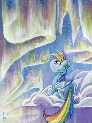 Size: 1280x1707 | Tagged: artist:sararichard, aurora borealis, color porn, derpibooru import, idw, rainbow dash, safe, solo, traditional art