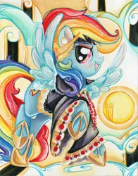 Size: 1180x1504 | Tagged: artist:sararichard, clothes, derpibooru import, dress, idw, rainbow dash, safe, solo, traditional art