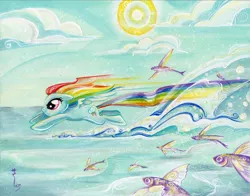 Size: 1280x1004 | Tagged: artist:sararichard, derpibooru import, fish, flying, flying fish, idw, rainbow dash, safe, traditional art