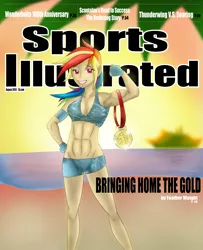 Size: 1984x2445 | Tagged: abs, armpits, artist:robothehoobo, breasts, busty rainbow dash, derpibooru import, female, humanized, magazine, medal, muscles, rainbow dash, rainbuff dash, sports illustrated, suggestive