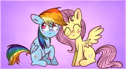 Size: 1112x612 | Tagged: safe, artist:flarities, derpibooru import, fluttershy, rainbow dash, blushing, female, flutterdash, lesbian, shipping