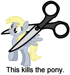 Size: 637x683 | Tagged: artist needed, safe, derpibooru import, derpy hooves, pegasus, pony, derpybuse, downvote bait, female, from ponibooru, imminent death, imminent decapitation, implied decapitation, mare, scissors, solo, this kills the crab