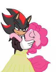 Size: 2544x3269 | Tagged: safe, artist:kaiamurosesei, derpibooru import, pinkie pie, pony, bipedal, clothes, crossover, crossover shipping, dress, female, interspecies, kissing, love, male, shadow the hedgehog, shadpie, shipping, sonic the hedgehog (series), straight, tuxedo