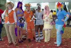 Size: 741x500 | Tagged: applejack, artist:demyxthemusican, artist needed, artist:sarahn29, artist:sweetapplehonesty, artist:unkcos18, convention, cosplay, derpibooru import, fluttershy, group photo, human, irl, irl human, otakon, photo, rainbow dash, safe, source needed, zecora