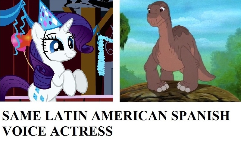 Size: 854x526 | Tagged: safe, derpibooru import, rarity, dinosaur, pony, unicorn, don bluth, elsa covián, exploitable meme, latin america, latin american, littlefoot, meme, mexico, same voice actor, spanish, the land before time