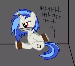 Size: 526x464 | Tagged: 1000 hours in pony creator, derpibooru import, duct tape, gag, horn ring, magic suppression, pony creator, rope, semi-grimdark, solo, tally marks, tape gag, unsexy bondage, vinyl scratch