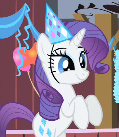 Size: 420x480 | Tagged: safe, derpibooru import, screencap, rarity, unicorn, party of one, balloon, cute, hat, party hat, raribetes, rearing, solo