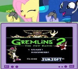 Size: 1124x1000 | Tagged: derpibooru import, exploitable meme, fluttershy, gamer luna, gamer meme, gamershy, gremlins, happy, meme, nintendo entertainment system, obligatory pony, princess luna, safe, tv meme